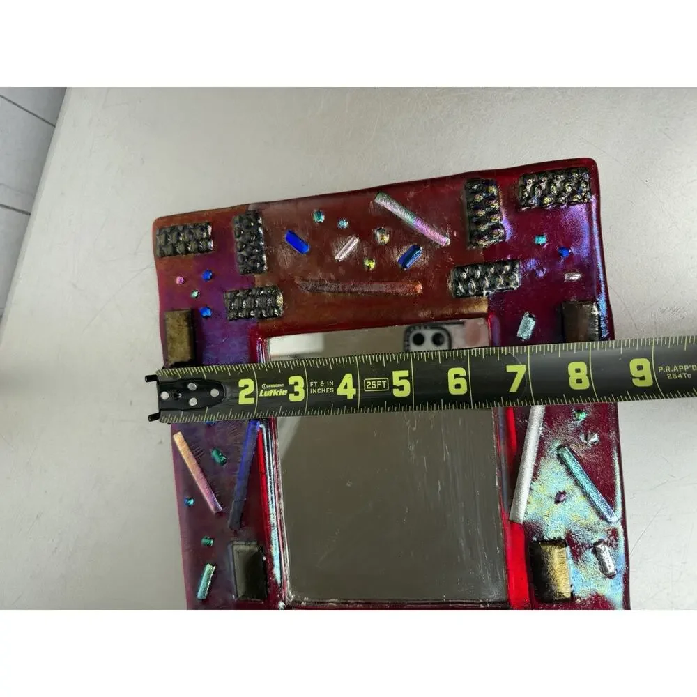 VTG Handmade Fused Mosaic Mirror Art Multi-Color Bright Red Metallic
